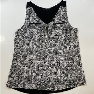 Express Sleeveless Blouse Black White Floral Lace Print Zip Front Women’s Sz L